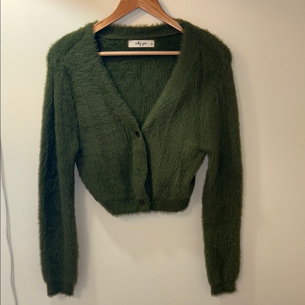 Green V-Neck Cropped Cardigan Sweater
